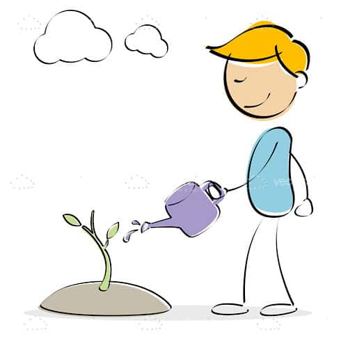 Boy Watering Plant in Hand-drawn Style